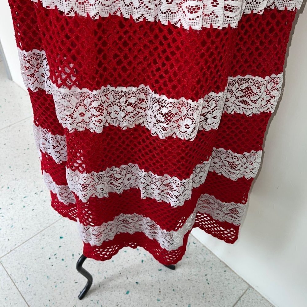 Vintage Womens Crochet Lace Skirt Size Large Fully Lined Red White Midi Button - Picture 7 of 13
